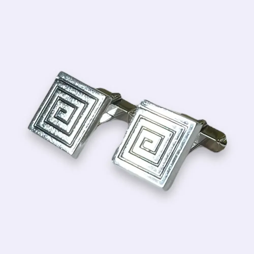 Vintage Swank Cufflinks Mens Silver Tone Greek Key Spiral Vector Symbol Signed